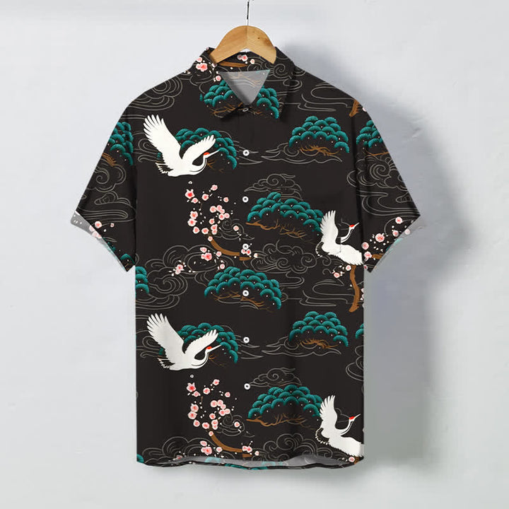 Buddha Stones Camisa transpirable de manga corta para hombre con estampado de nubes, flores de pino y grullas. - Marrón silla de montar - US/UK/AU48, UE58 (4XL) - image 0
