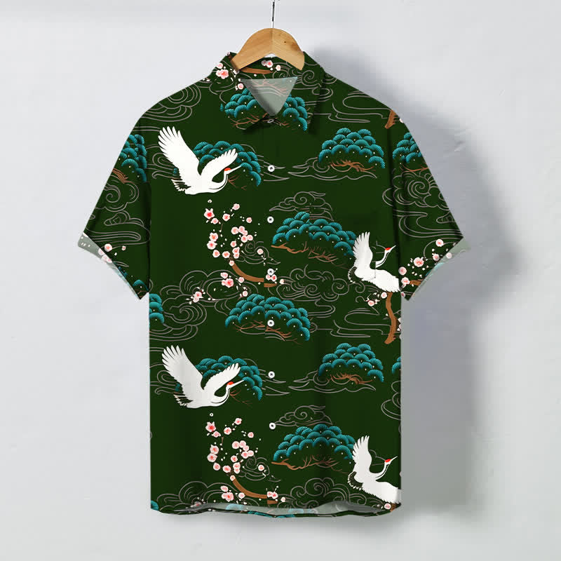 Buddha Stones Camisa transpirable de manga corta para hombre con estampado de nubes, flores de pino y grullas. - Verde oscuro - US/UK/AU48, UE58 (4XL) - image 5