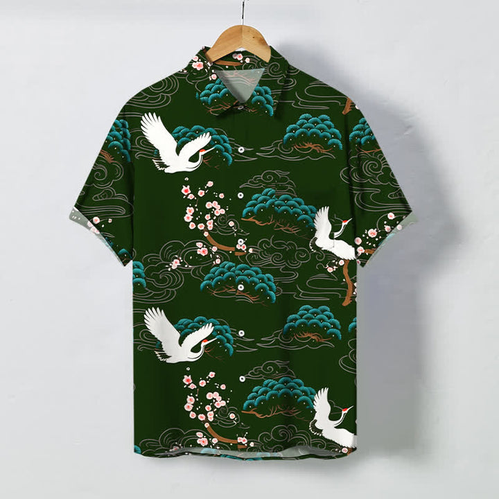 Buddha Stones Camisa transpirable de manga corta para hombre con estampado de nubes, flores de pino y grullas. - Verde oscuro - US/UK/AU48, UE58 (4XL) - image 5