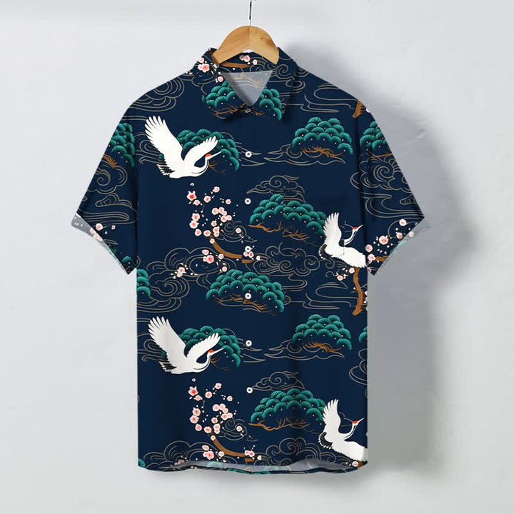 Buddha Stones Camisa transpirable de manga corta para hombre con estampado de nubes, flores de pino y grullas. - Marina de guerra - US/UK/AU48, UE58 (4XL) - image 10