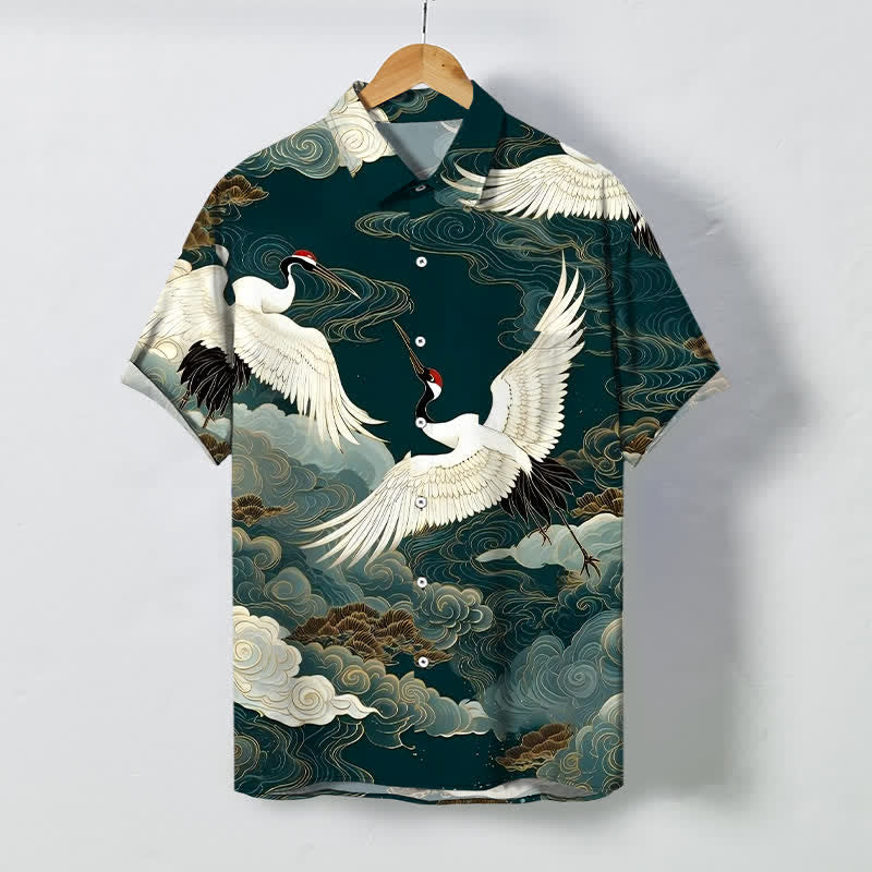 Buddha Stones Camisa de manga corta para hombre resistente a las arrugas con botones y estampado de nubes auspiciosas y grullas de corona roja en vuelo. - Verde azulado - US/UK/AU48, UE58 (4XL) - image 0