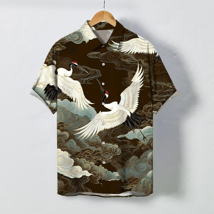 Buddha Stones Camisa de manga corta para hombre resistente a las arrugas con botones y estampado de nubes auspiciosas y grullas de corona roja en vuelo. - Marrón silla de montar - US/UK/AU48, UE58 (4XL) - image 5