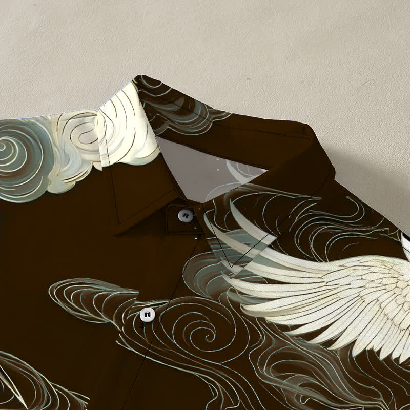 Buddha Stones Camisa de manga corta para hombre resistente a las arrugas con botones y estampado de nubes auspiciosas y grullas de corona roja en vuelo. - image 7