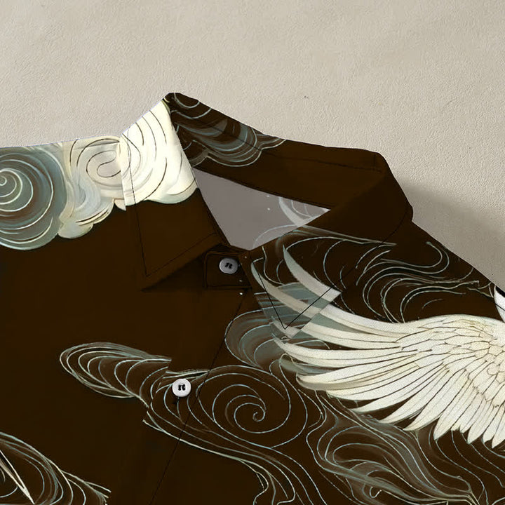 Buddha Stones Camisa de manga corta para hombre resistente a las arrugas con botones y estampado de nubes auspiciosas y grullas de corona roja en vuelo. - image 7