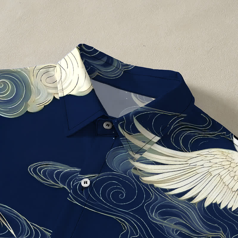 Buddha Stones Camisa de manga corta para hombre resistente a las arrugas con botones y estampado de nubes auspiciosas y grullas de corona roja en vuelo. - image 12