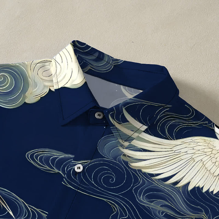 Buddha Stones Camisa de manga corta para hombre resistente a las arrugas con botones y estampado de nubes auspiciosas y grullas de corona roja en vuelo. - image 12