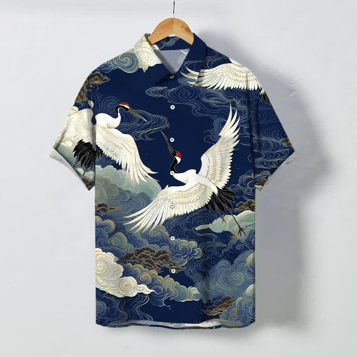 Buddha Stones Camisa de manga corta para hombre resistente a las arrugas con botones y estampado de nubes auspiciosas y grullas de corona roja en vuelo. - Marina de guerra - US/UK/AU48, UE58 (4XL) - image 10