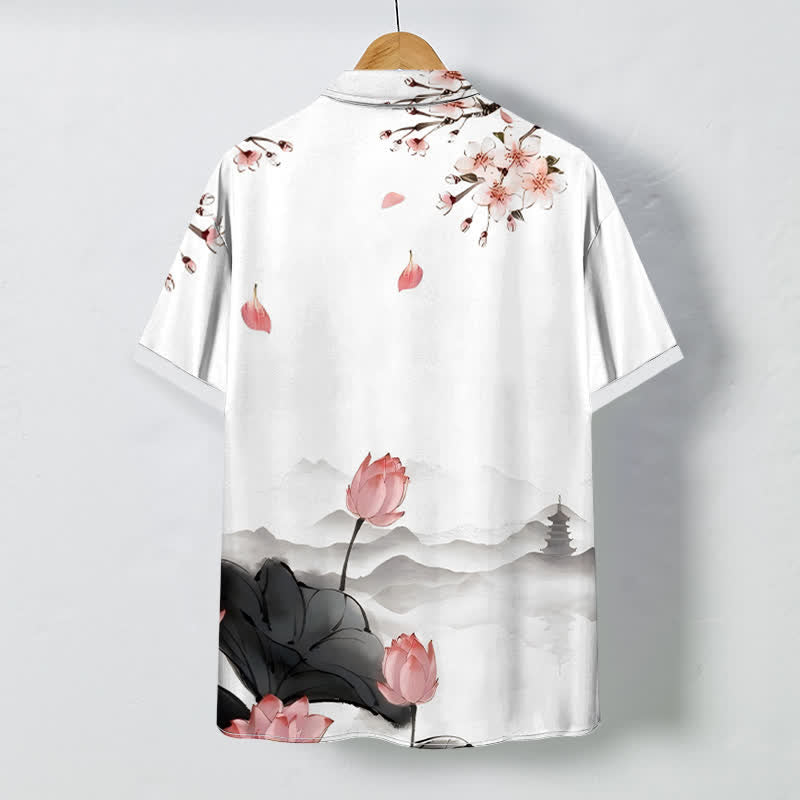 Buddha Stones Camisa de manga corta para hombre con botones y estampado de pagoda de montaña Lotus, resistente a las arrugas. - image 1