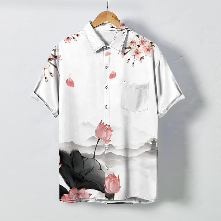 Buddha Stones Camisa de manga corta para hombre con botones y estampado de pagoda de montaña Lotus, resistente a las arrugas. - Blanco - US/UK/AU48, UE58 (4XL) - image 0