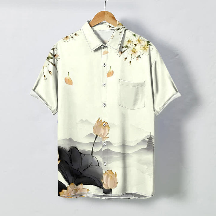 Buddha Stones Camisa de manga corta para hombre con botones y estampado de pagoda de montaña Lotus, resistente a las arrugas. - seda de maíz - US/UK/AU48, UE58 (4XL) - image 3