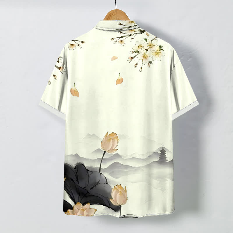 Buddha Stones Camisa de manga corta para hombre con botones y estampado de pagoda de montaña Lotus, resistente a las arrugas. - image 4