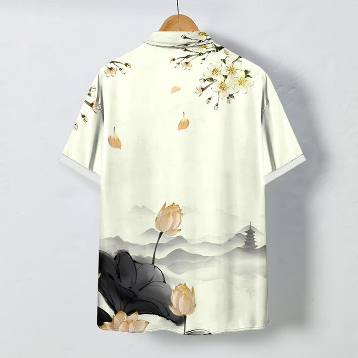 Buddha Stones Camisa de manga corta para hombre con botones y estampado de pagoda de montaña Lotus, resistente a las arrugas. - image 4