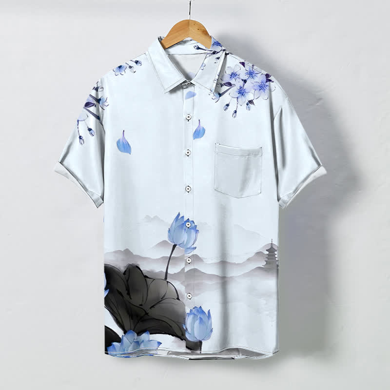 Buddha Stones Camisa de manga corta para hombre con botones y estampado de pagoda de montaña Lotus, resistente a las arrugas. - AliciaAzul - US/UK/AU48, UE58 (4XL) - image 6