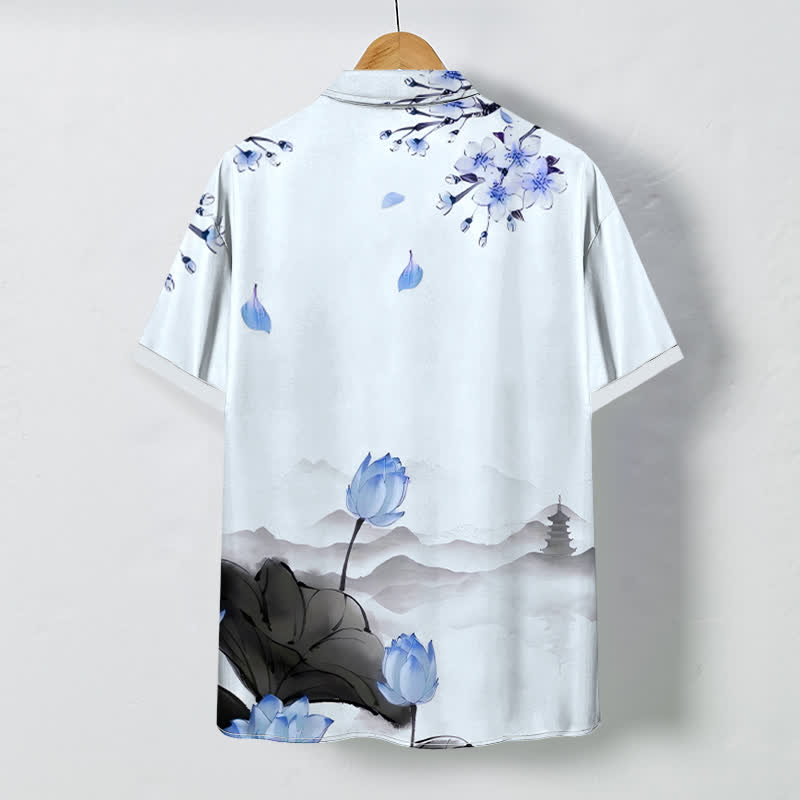 Buddha Stones Camisa de manga corta para hombre con botones y estampado de pagoda de montaña Lotus, resistente a las arrugas. - image 7