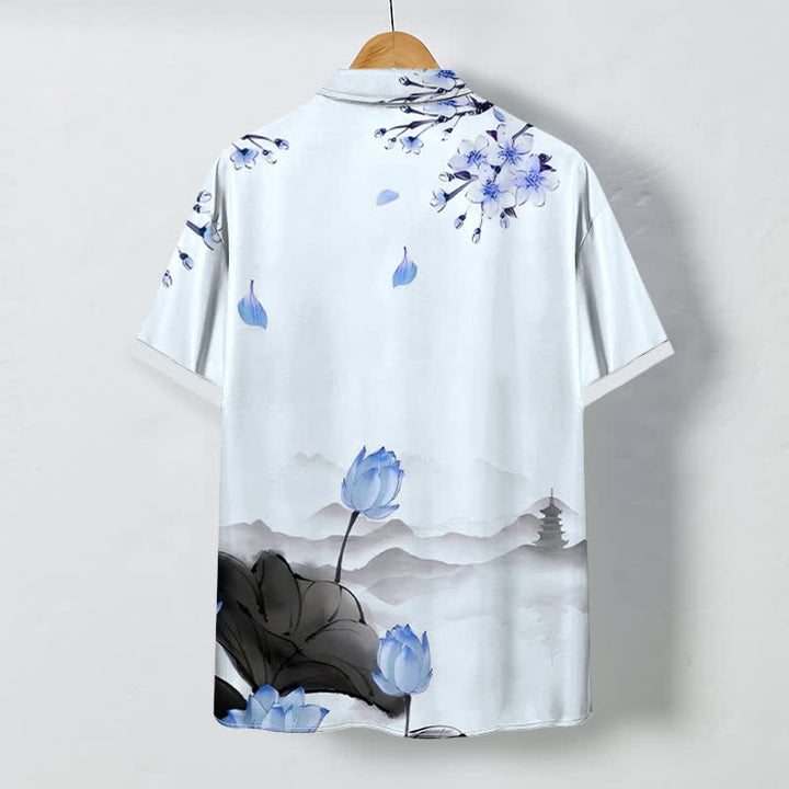 Buddha Stones Camisa de manga corta para hombre con botones y estampado de pagoda de montaña Lotus, resistente a las arrugas. - image 7