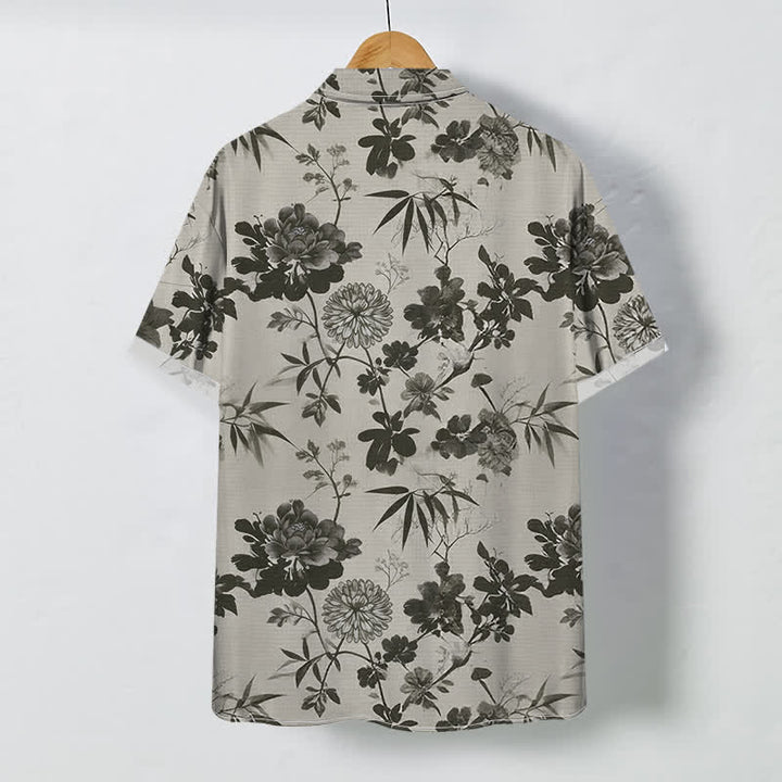 Buddha Stones Camisa transpirable de manga corta para hombre con botones y estampado floral oscuro de hojas de bambú. - image 1