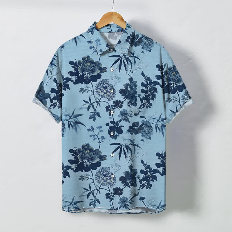 Buddha Stones Camisa transpirable de manga corta para hombre con botones y estampado floral oscuro de hojas de bambú. - Azul claro - US/UK/AU48, UE58 (4XL) - image 3