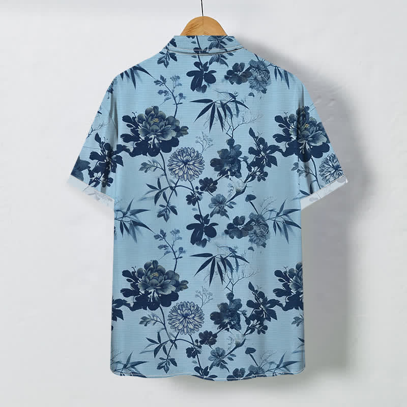 Buddha Stones Camisa transpirable de manga corta para hombre con botones y estampado floral oscuro de hojas de bambú. - image 4