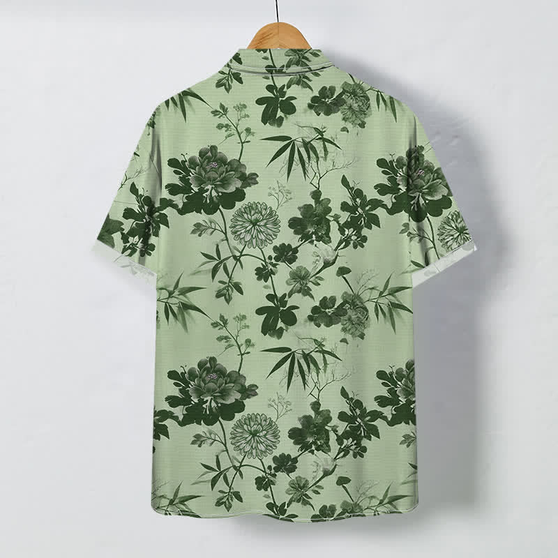 Buddha Stones Camisa transpirable de manga corta para hombre con botones y estampado floral oscuro de hojas de bambú. - image 7
