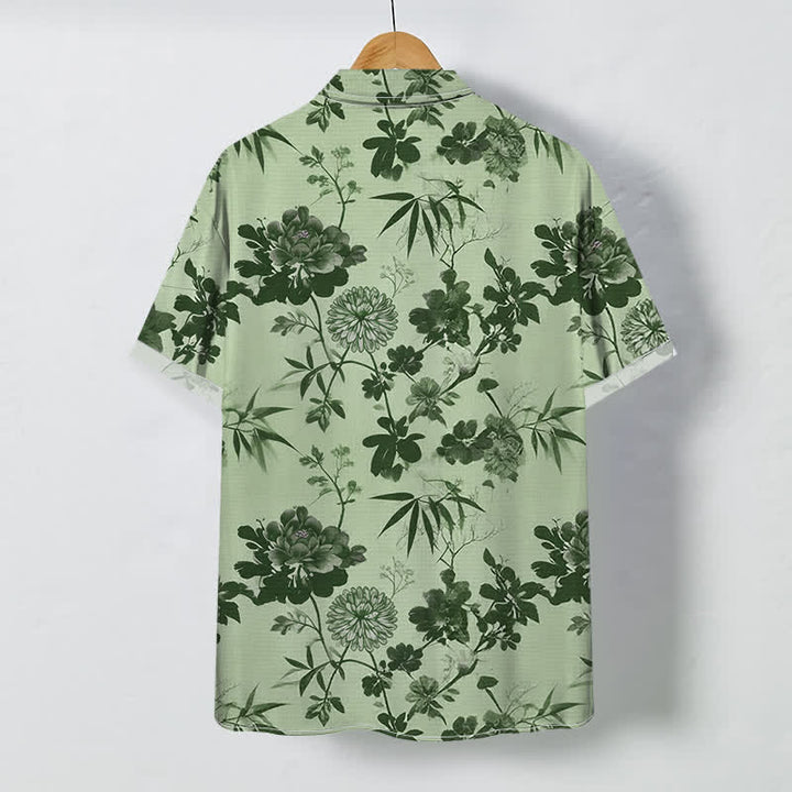 Buddha Stones Camisa transpirable de manga corta para hombre con botones y estampado floral oscuro de hojas de bambú. - image 7