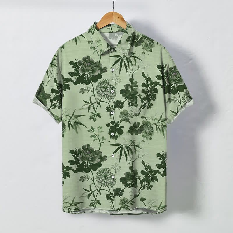 Buddha Stones Camisa transpirable de manga corta para hombre con botones y estampado floral oscuro de hojas de bambú. - Verde claro - US/UK/AU48, UE58 (4XL) - image 6