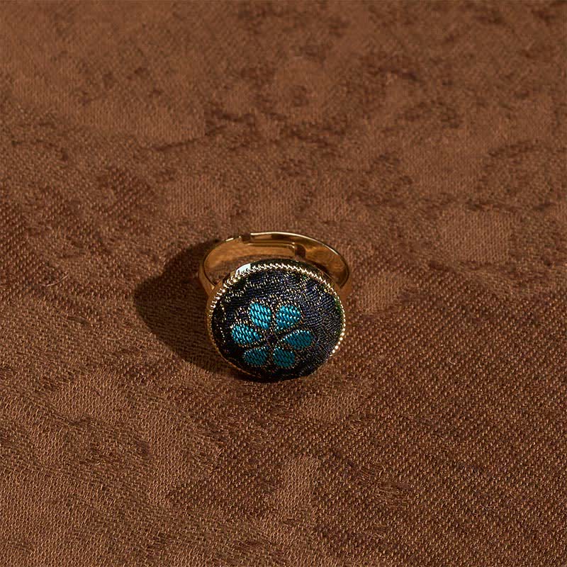 Buddha Stones Anillo redondo ajustable hecho a mano con brocado y diseño floral. - image 3