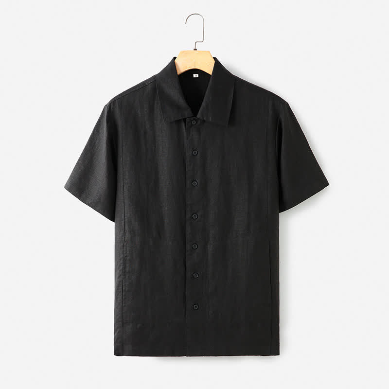 Buddha Stones Camisa de manga corta para hombre, estilo minimalista de verano, de algodón y lino, con botones y bolsillo. - Negro - US/UK/AU40, EU50 (2XL) - image 0