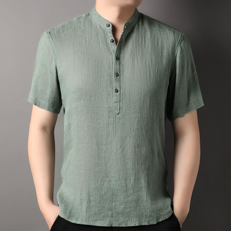 Buddha Stones Camisas de manga corta para hombre de lino liso con cuello mandarín, estilo casual de verano. - Verde mar oscuro - US/UK/AU44, EU54 (4XL) - image 16
