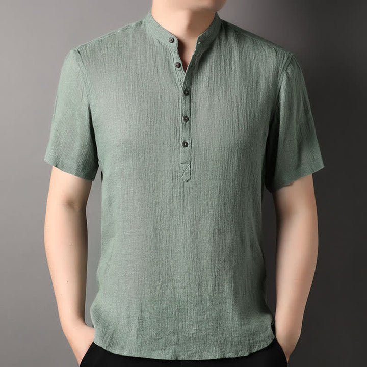 Buddha Stones Camisas de manga corta para hombre de lino liso con cuello mandarín, estilo casual de verano. - Verde mar oscuro - US/UK/AU44, EU54 (4XL) - image 16