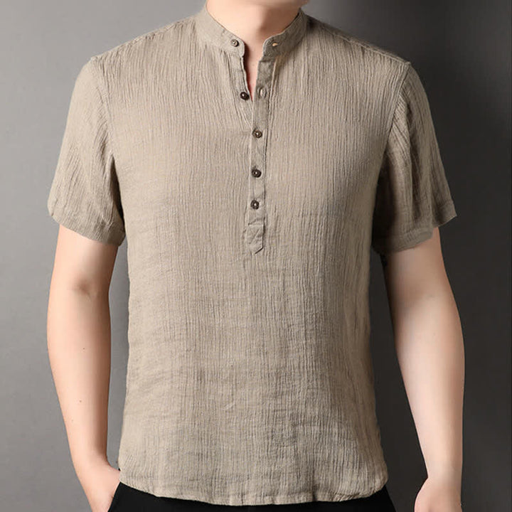 Buddha Stones Camisas de manga corta para hombre de lino liso con cuello mandarín, estilo casual de verano. - image 4