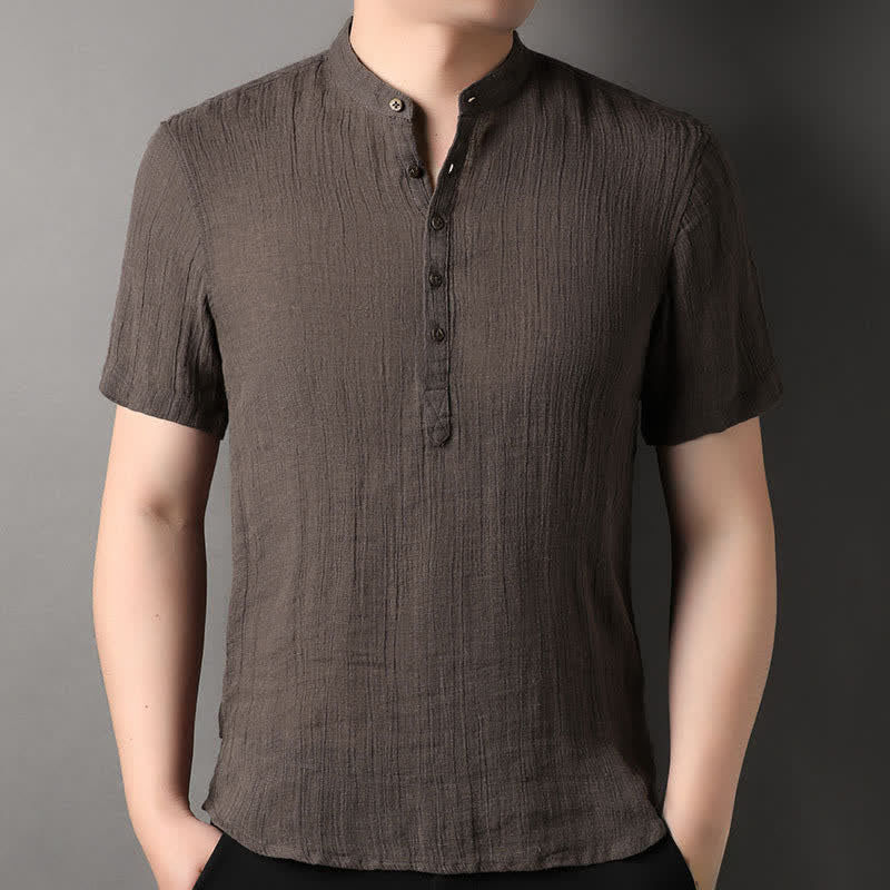 Buddha Stones Camisas de manga corta para hombre de lino liso con cuello mandarín, estilo casual de verano. - Marrón silla de montar - US/UK/AU44, EU54 (4XL) - image 12