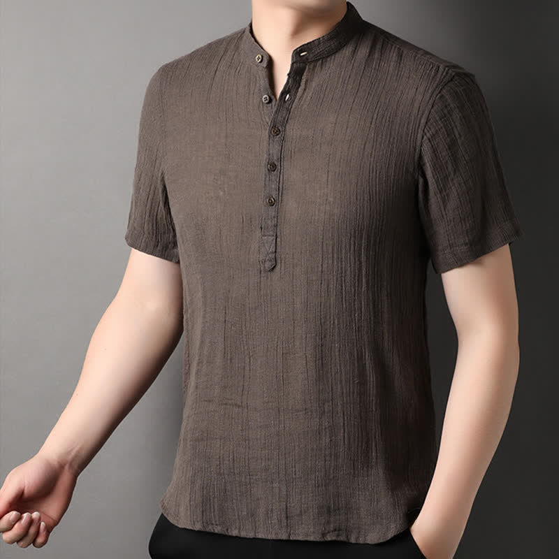 Buddha Stones Camisas de manga corta para hombre de lino liso con cuello mandarín, estilo casual de verano. - image 14