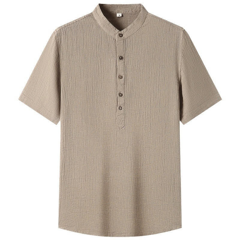 Buddha Stones Camisas de manga corta para hombre de lino liso con cuello mandarín, estilo casual de verano. - image 5