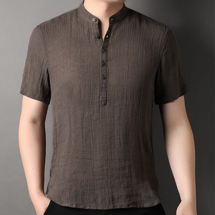 Buddha Stones Camisas de manga corta para hombre de lino liso con cuello mandarín, estilo casual de verano. - image 15