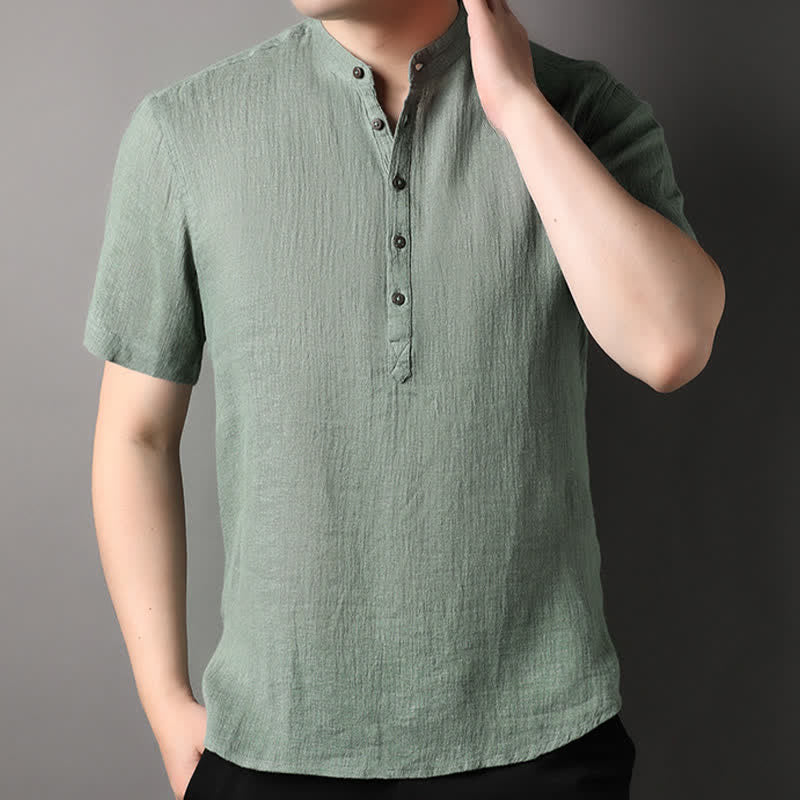 Buddha Stones Camisas de manga corta para hombre de lino liso con cuello mandarín, estilo casual de verano. - image 18