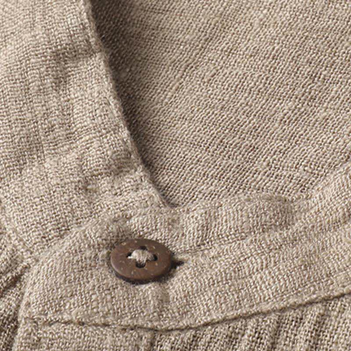 Buddha Stones Camisas de manga corta para hombre de lino liso con cuello mandarín, estilo casual de verano. - image 6