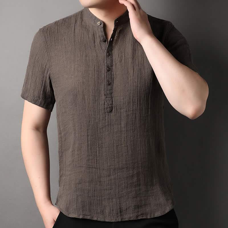 Buddha Stones Camisas de manga corta para hombre de lino liso con cuello mandarín, estilo casual de verano. - image 13