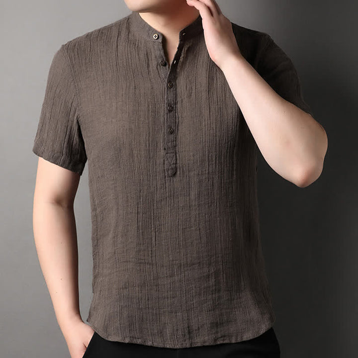 Buddha Stones Camisas de manga corta para hombre de lino liso con cuello mandarín, estilo casual de verano. - image 13