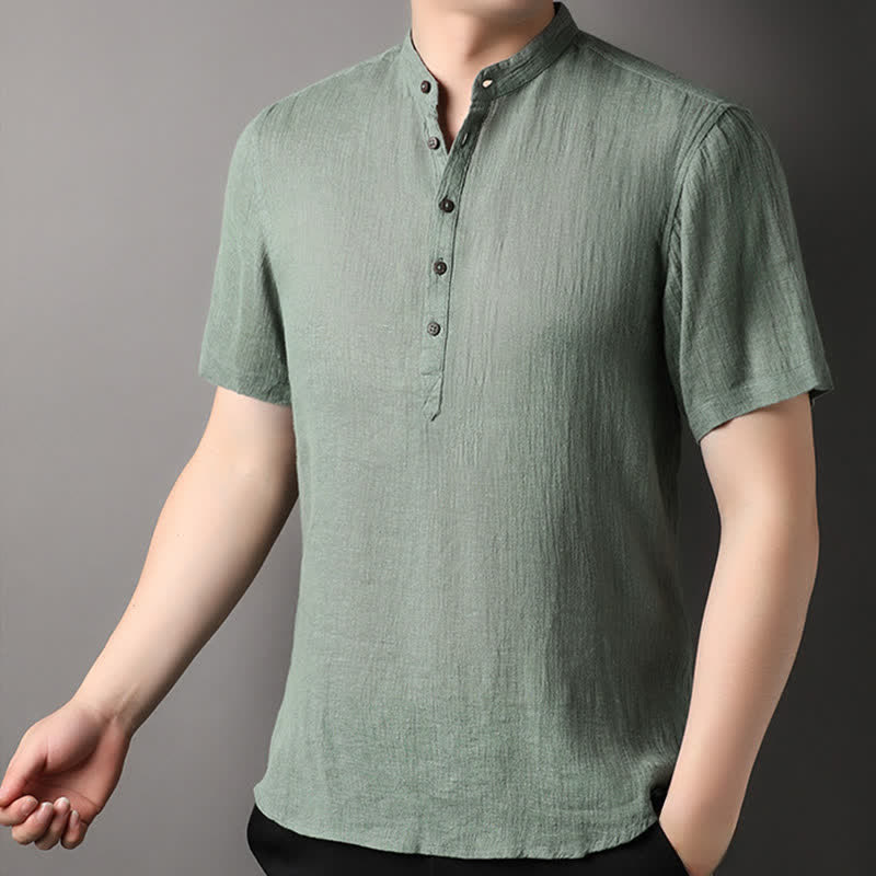 Buddha Stones Camisas de manga corta para hombre de lino liso con cuello mandarín, estilo casual de verano. - image 19