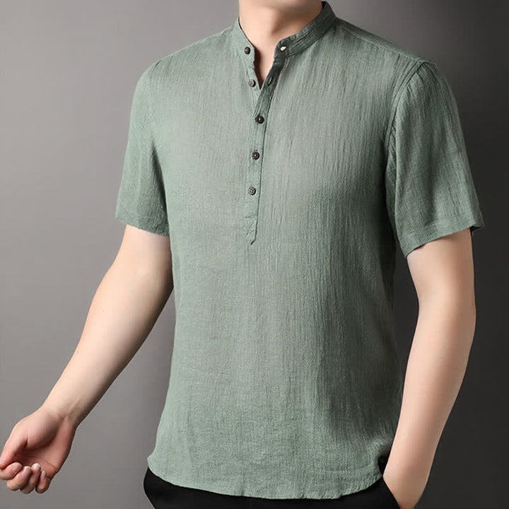 Buddha Stones Camisas de manga corta para hombre de lino liso con cuello mandarín, estilo casual de verano. - image 19