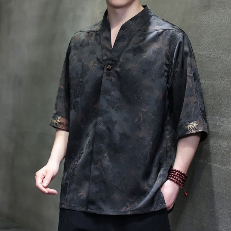 Buddha Stones Camisas de manga corta para hombre estilo Tang, informales, con cuello mandarín y estampado de mariposas de bambú, ideales para primavera y verano. - image 3