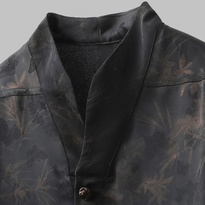 Buddha Stones Camisas de manga corta para hombre estilo Tang, informales, con cuello mandarín y estampado de mariposas de bambú, ideales para primavera y verano. - image 4
