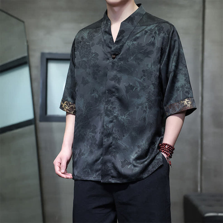 Buddha Stones Camisas de manga corta para hombre estilo Tang, informales, con cuello mandarín y estampado de mariposas de bambú, ideales para primavera y verano. - image 15