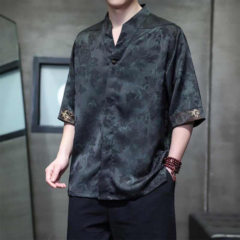 Buddha Stones Camisas de manga corta para hombre estilo Tang, informales, con cuello mandarín y estampado de mariposas de bambú, ideales para primavera y verano. - Verde mar oscuro - US/UK/AU46, EU56 (5XL) - image 13