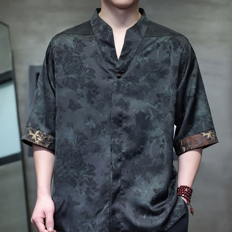 Buddha Stones Camisas de manga corta para hombre estilo Tang, informales, con cuello mandarín y estampado de mariposas de bambú, ideales para primavera y verano. - image 14