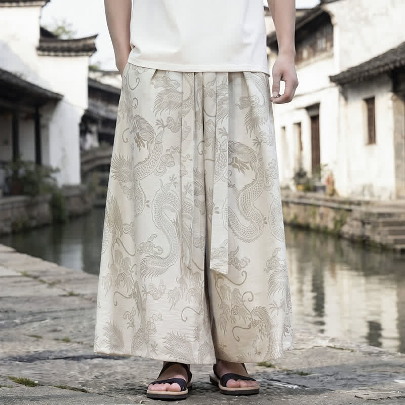 Buddha Stones Pantalones de verano informales estilo Tang con cordón y estampado de dragón, pantalones tobilleros para hombre de pierna ancha. - Lino - US/UK/AU46, EU56 (5XL) - image 33