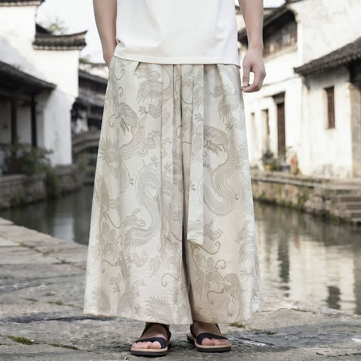 Buddha Stones Pantalones de verano informales estilo Tang con cordón y estampado de dragón, pantalones tobilleros para hombre de pierna ancha. - Lino - US/UK/AU46, EU56 (5XL) - image 33