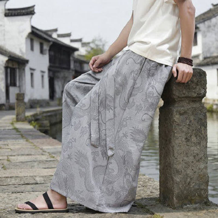 Buddha Stones Pantalones de verano informales estilo Tang con cordón y estampado de dragón, pantalones tobilleros para hombre de pierna ancha. - image 31