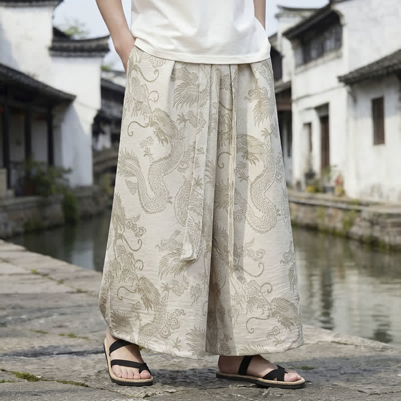 Buddha Stones Pantalones de verano informales estilo Tang con cordón y estampado de dragón, pantalones tobilleros para hombre de pierna ancha. - image 37