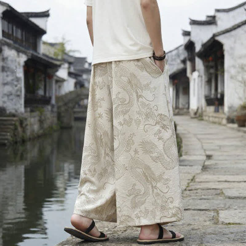 Buddha Stones Pantalones de verano informales estilo Tang con cordón y estampado de dragón, pantalones tobilleros para hombre de pierna ancha. - image 42